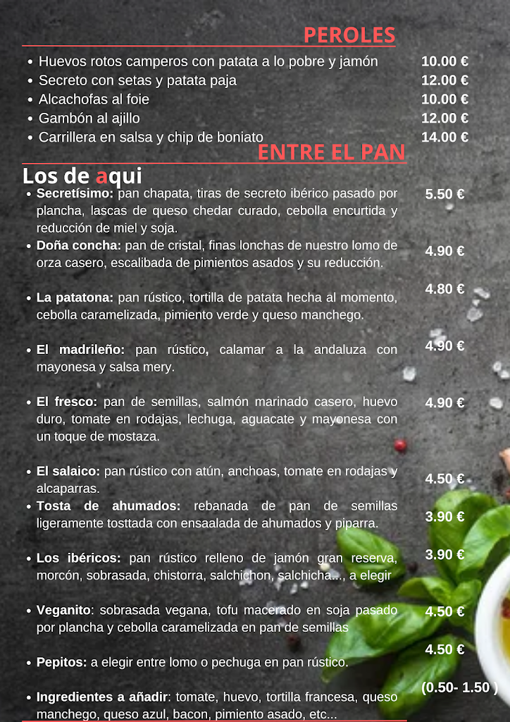 Cafeteria Conca — Carta