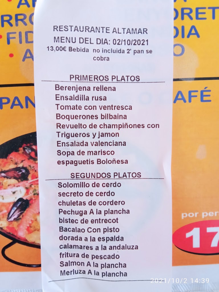 Restaurante Altamar — Carta