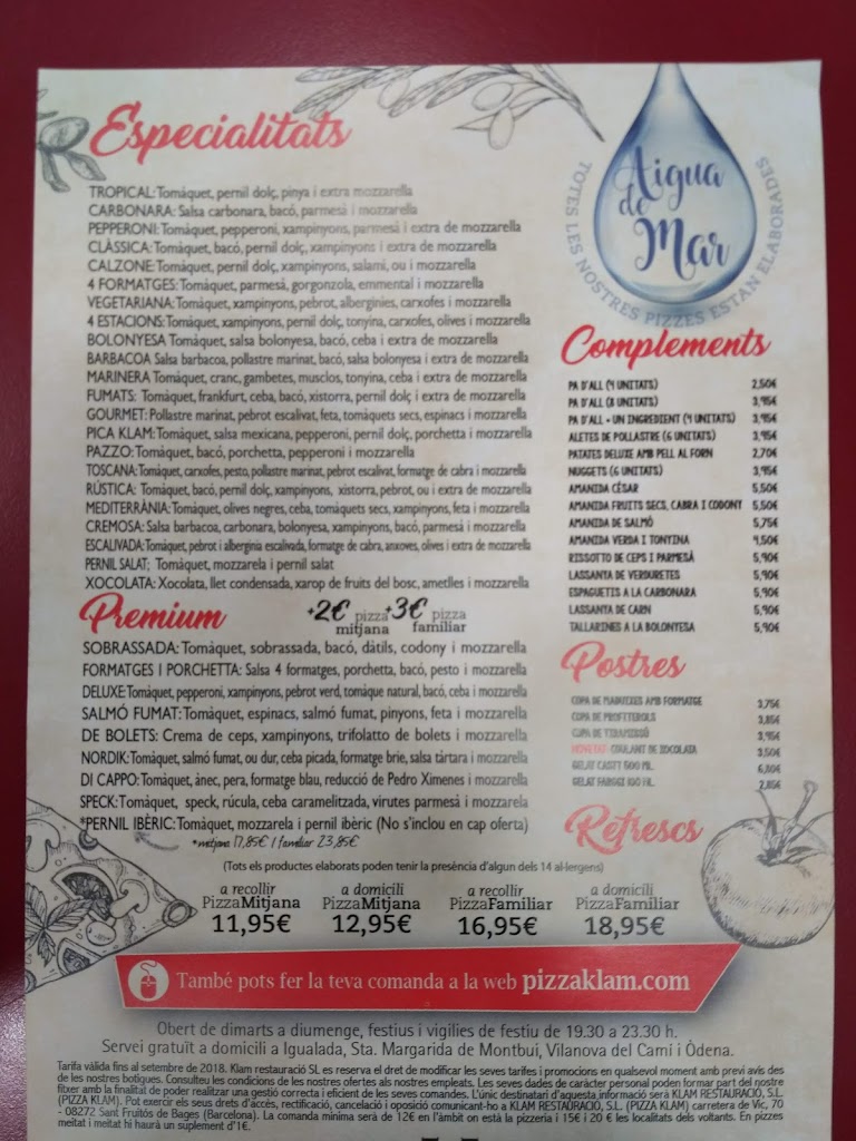 Pizzaklam Igualada — Carta