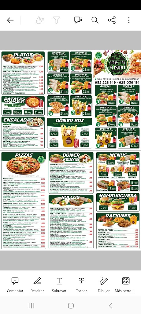 Restaurante Costa Fusion House Kebab y Pizzeria — Carta