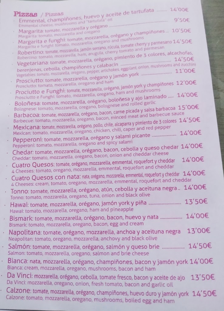Pizzeria Da Vinci Ronda — Carta