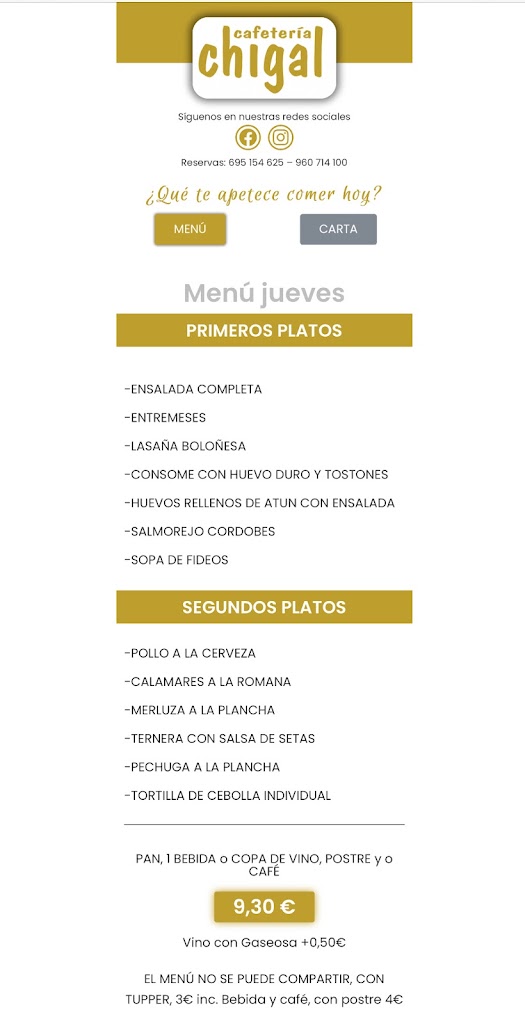 Cafeteria Restaurante Chigal — Carta