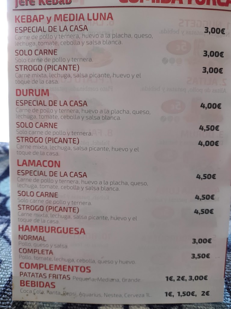 Jefe Doner Kebab Bailen Restaurante — Carta