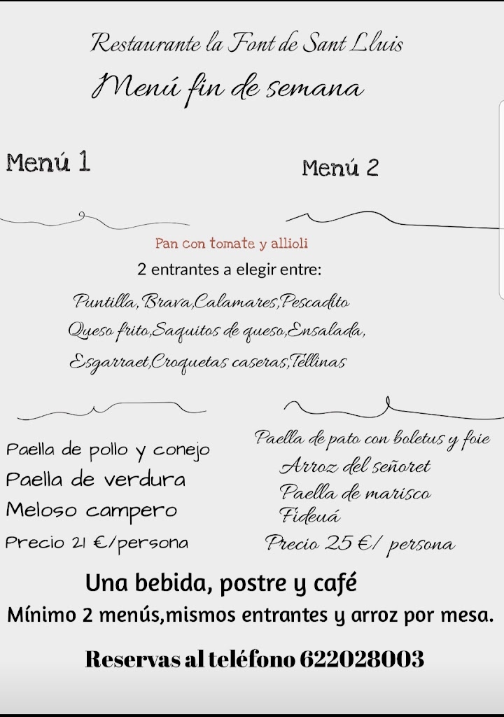 Restaurante La Font de Sant Lluis — Carta