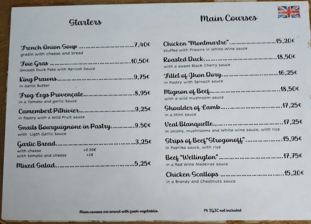 Montmartre Bistro — Carta