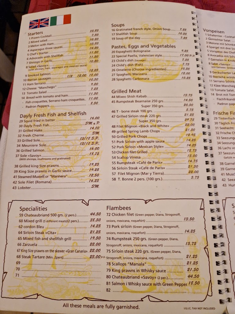 Restaurante Savoy — Carta