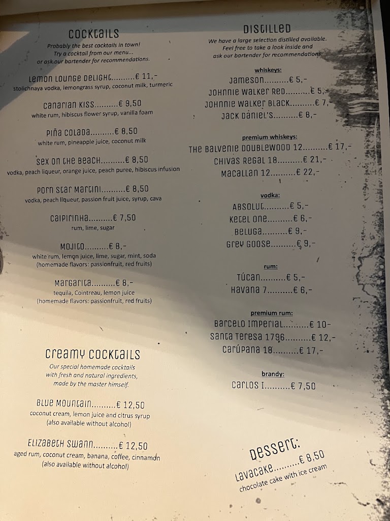 Lemon Lounge Bar — Carta