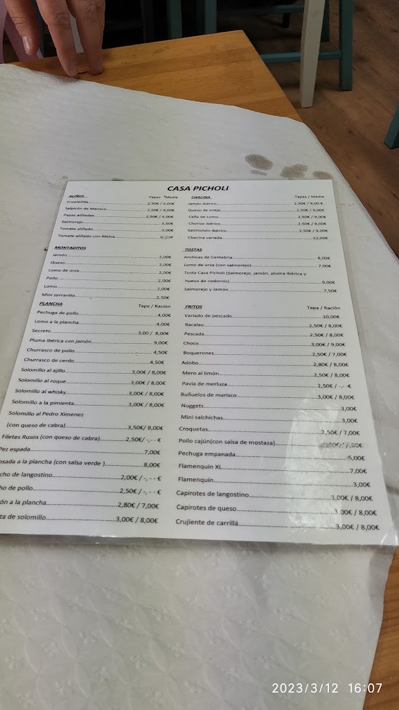 Bar Casa Picholi — Carta