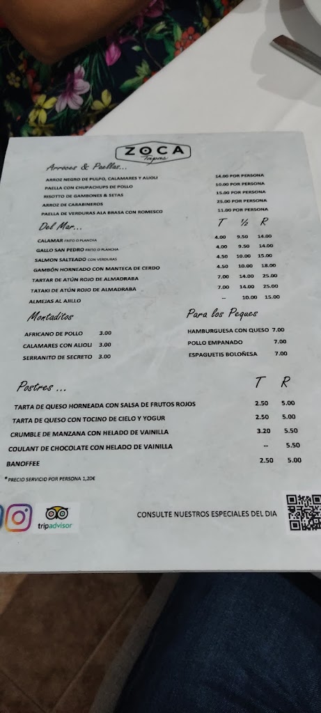 Restaurante Zoca palmones — Carta