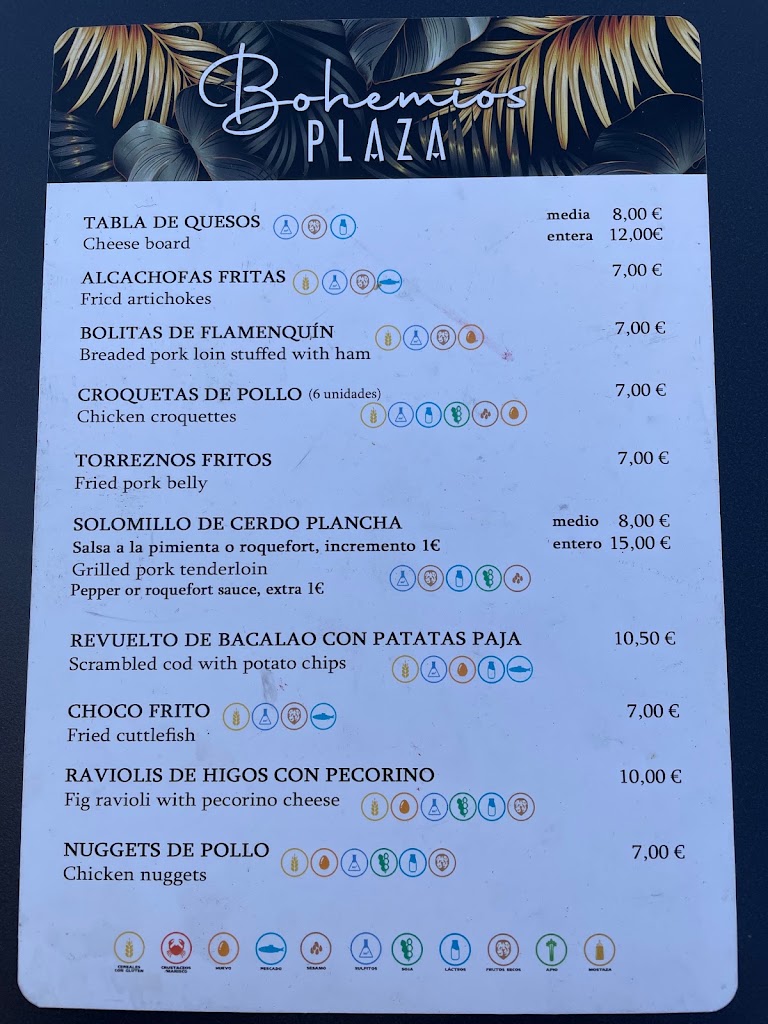 Cafeteria Bohemios Plaza — Carta