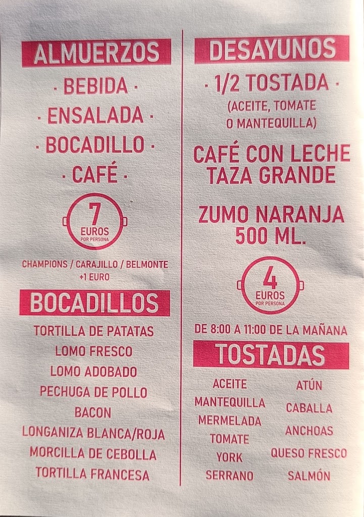 Bar Restaurante Pabellon Deportivo — Carta