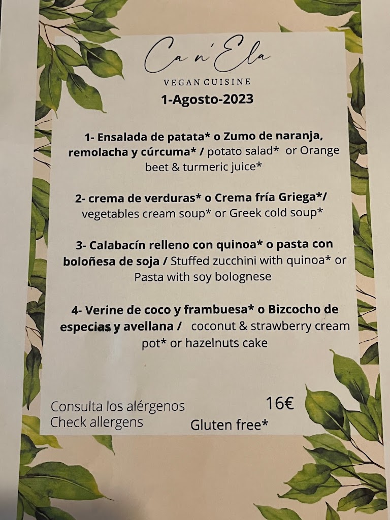 Ca n'Ela Vegan Restaurant — Carta