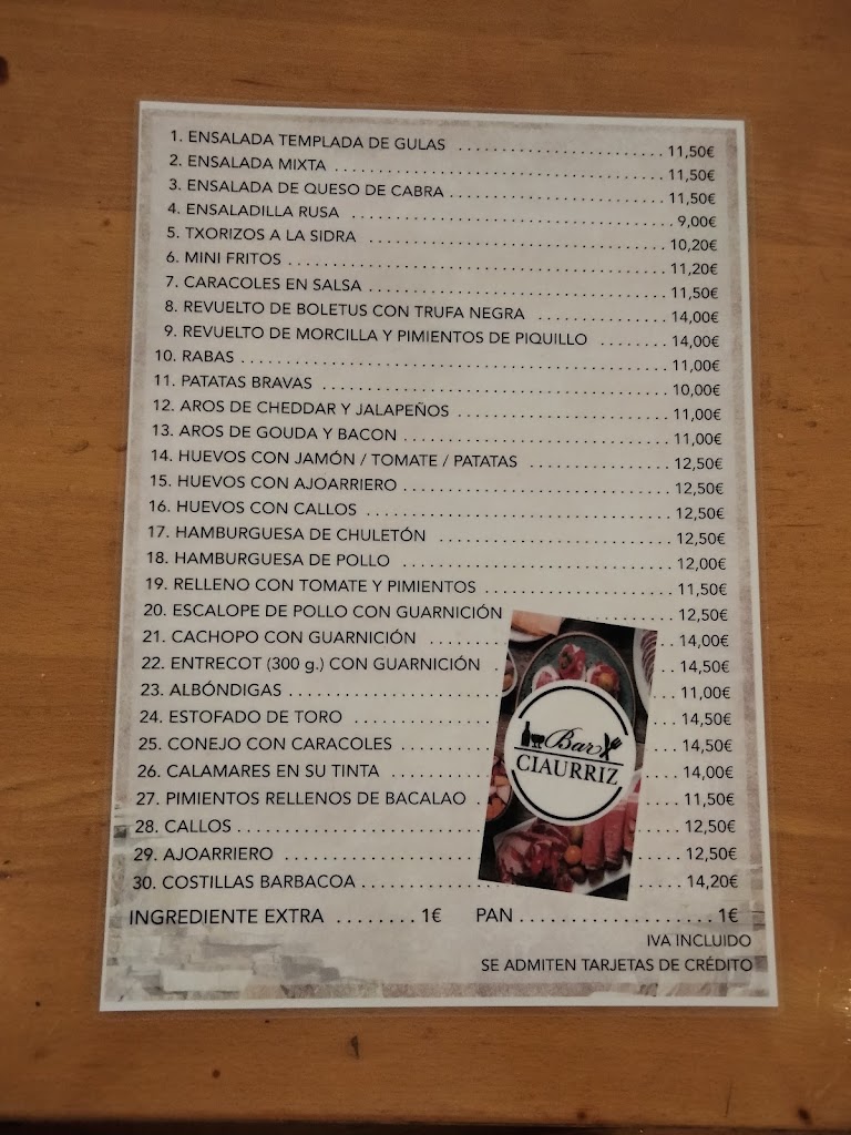 Bar Ciaurriz — Carta