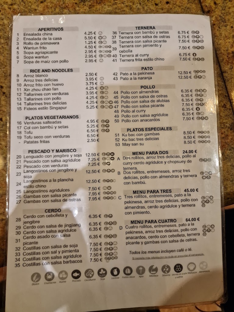 Restaurante Hong kong — Carta