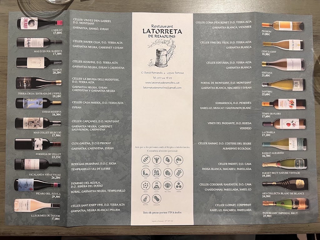 Restaurant la Torreta de Remolins — Carta