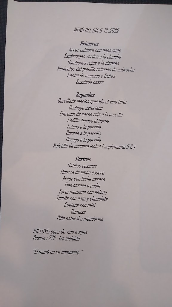 Restaurante Parrilla La Ribera — Carta