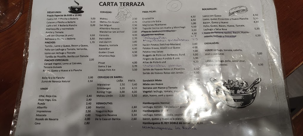 Cerveceria Cafeteria El Rey — Carta