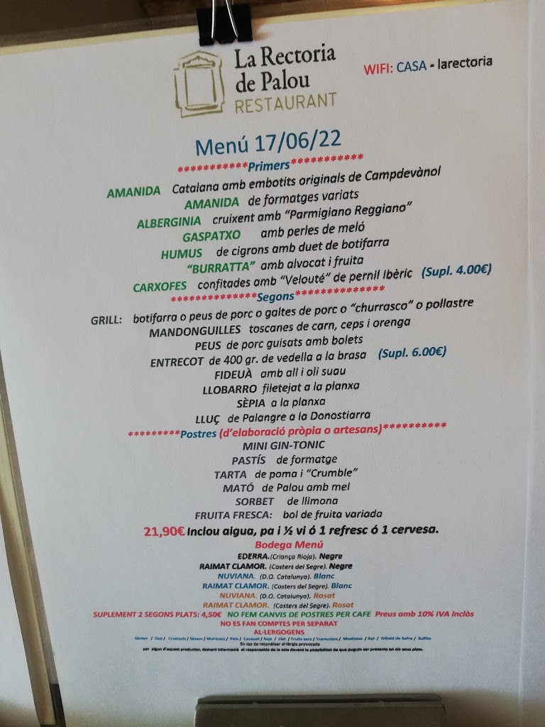 Restaurant la Rectoria de Palou — Carta
