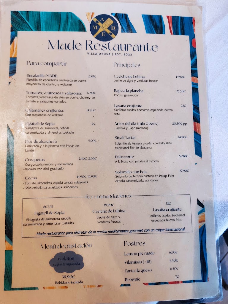 Restaurante MADE 100% No Gluten — Carta