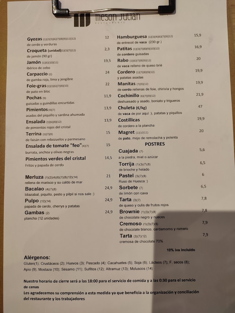 Restaurante Meson Julian — Carta
