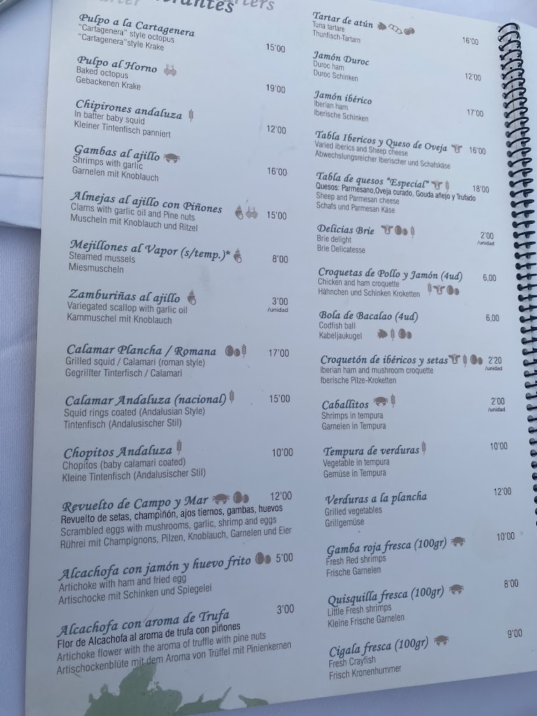 Marea Narejos Bar Restaurante — Carta