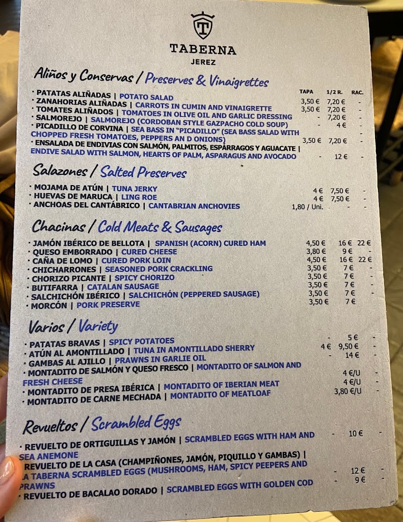 Taberna Jerez — Carta