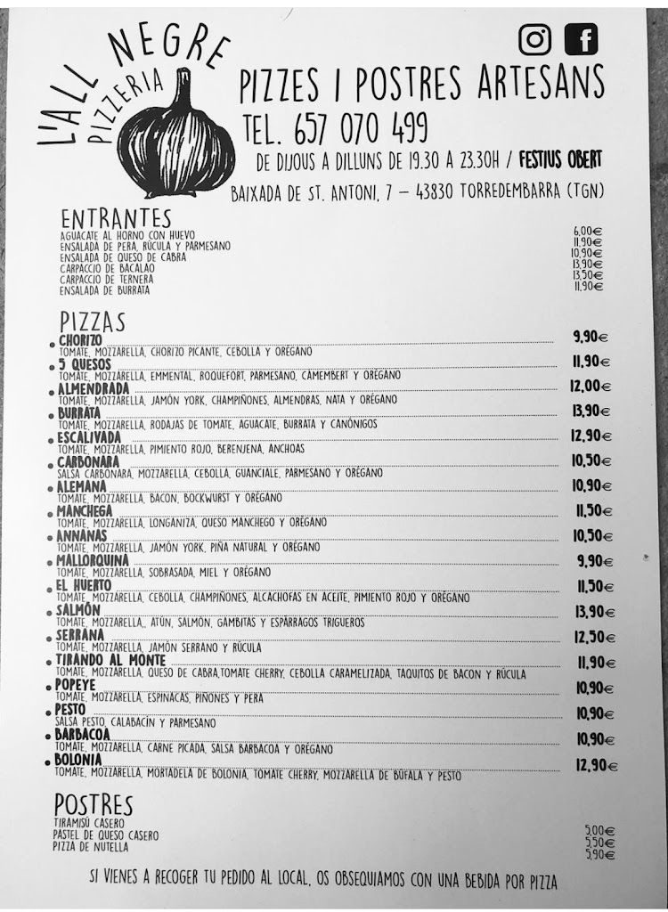 Pizzeria l'all Negre — Carta