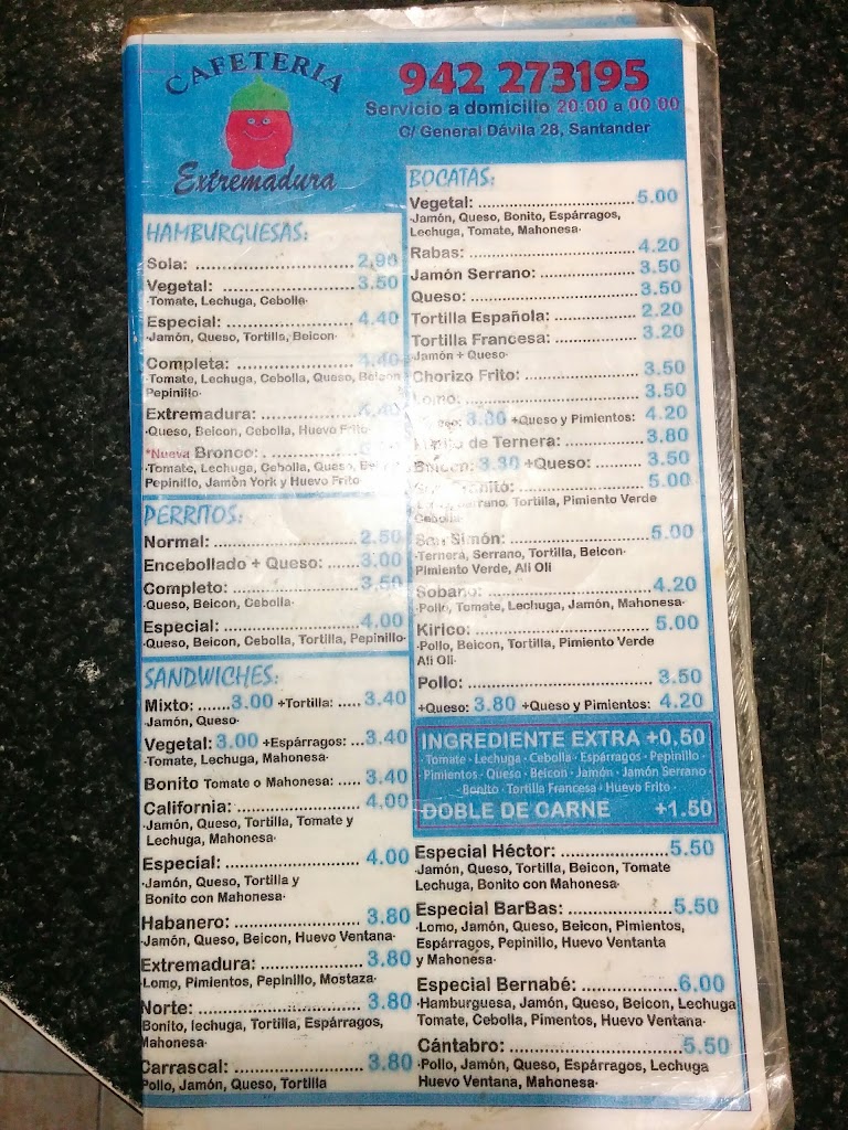 Cafeteria Extremadura — Carta