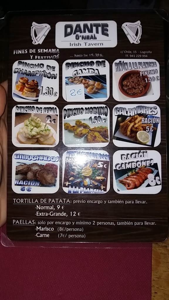 Cerveceria Dante O'Neal — Carta