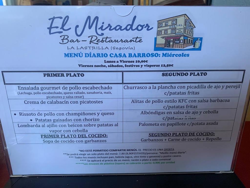 Restaurante El Mirador De La Lastrilla — Carta