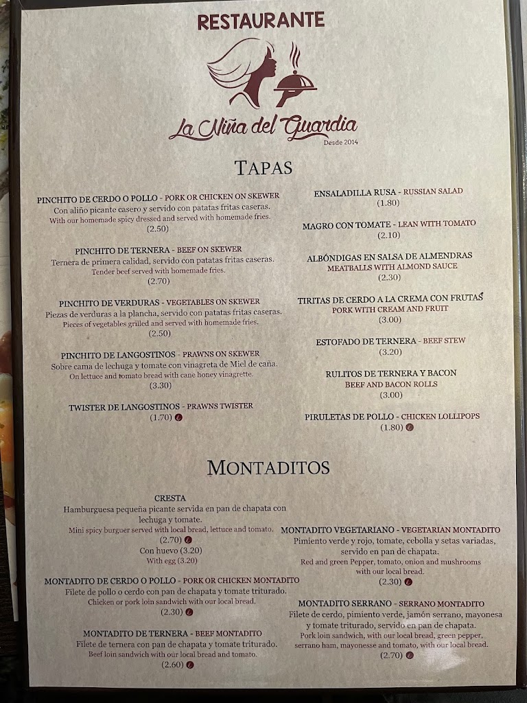 Restaurante La Nina del Guardia — Carta