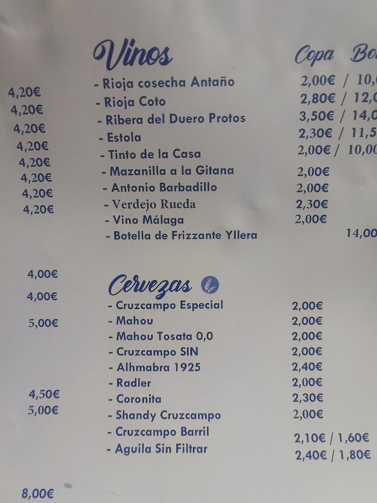 Cafeteria La Tahona Marquez S.L. — Carta