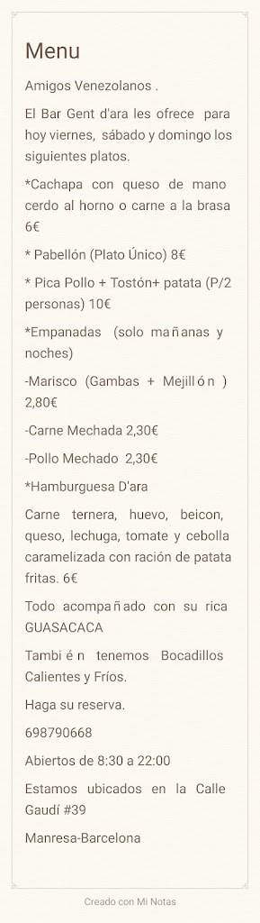 Bar Gent D'ara — Carta