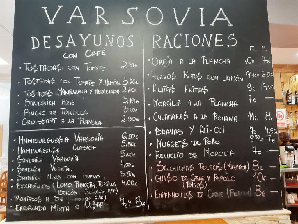 Varsovia Bar Valdemoro - Cafeteria - Cerveceria — Carta