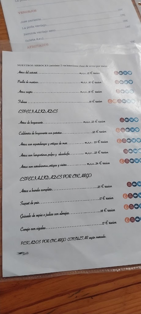 Lo de Sancho, especialitats marineres — Carta