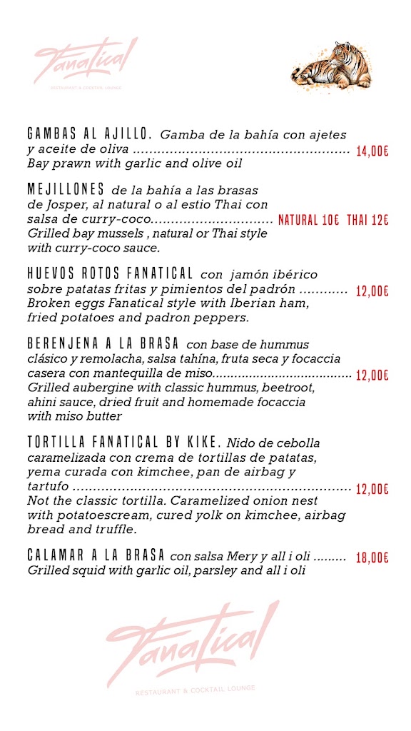 Fanatical Restaurant & Cocktail Lounge — Carta