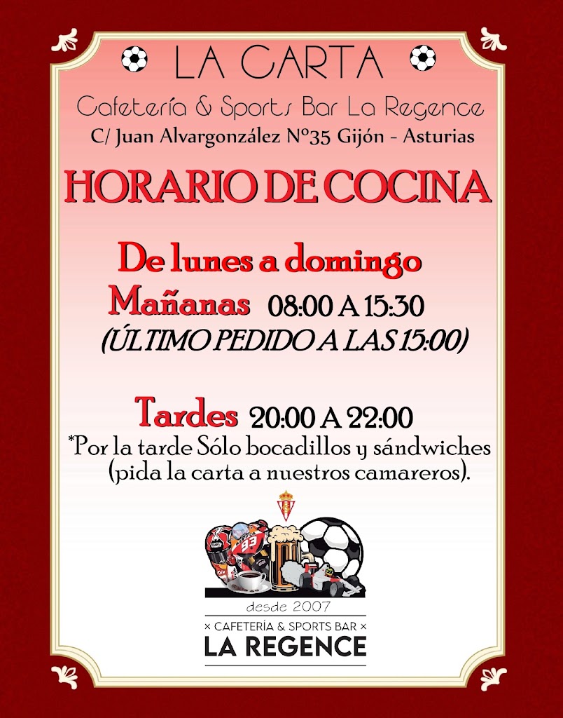 Cafeteria & Sports Bar La Regence — Carta