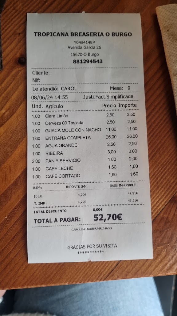 Tropicana Braseria O Burgo — Carta