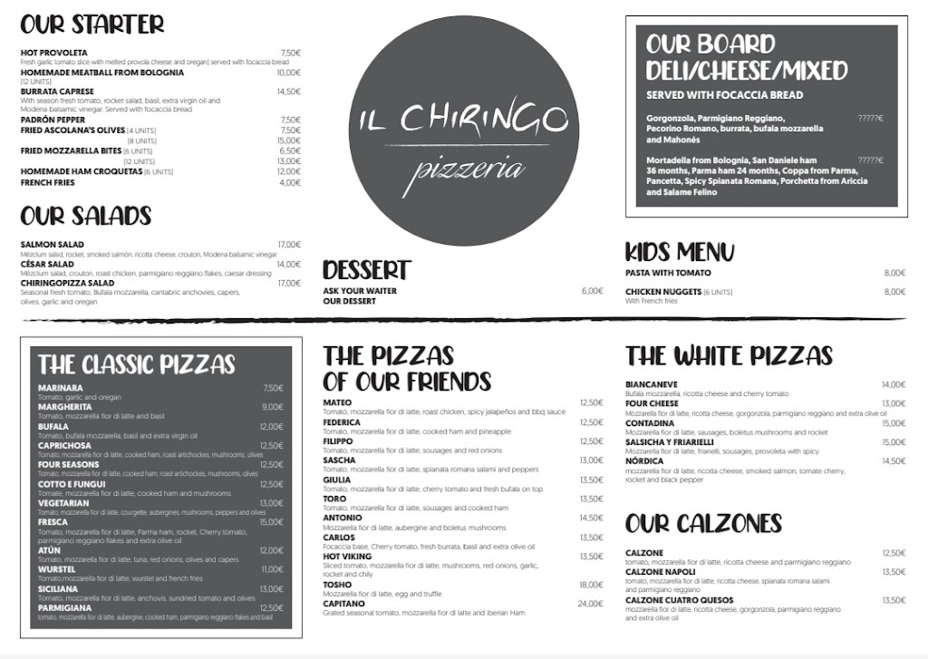 il chiringo pizzeria — Carta