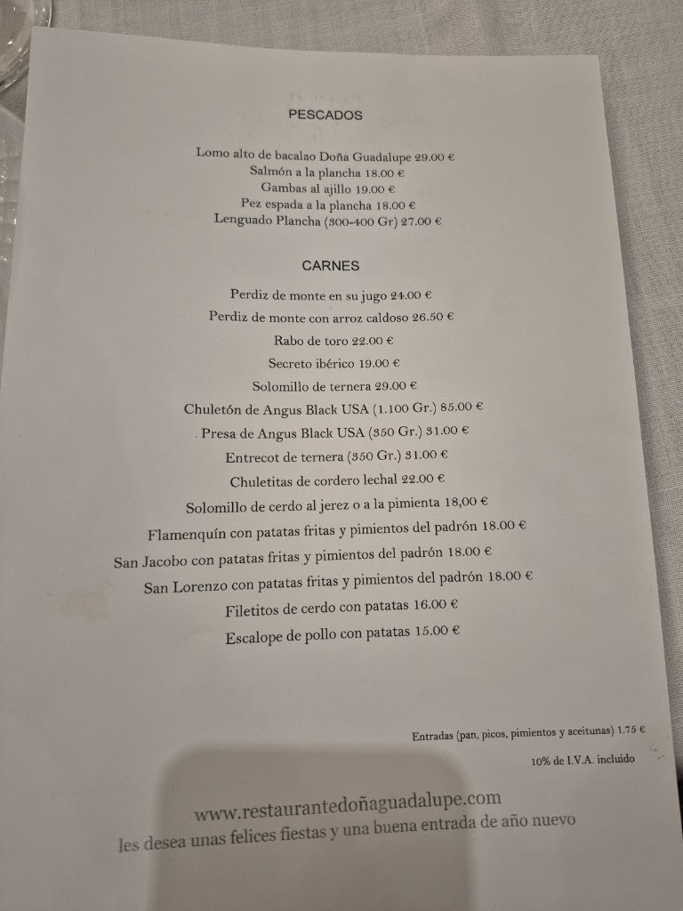 Dona Guadalupe Restaurante — Carta