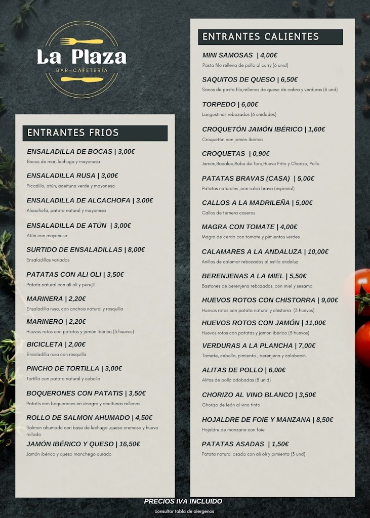 Bar Cafeteria La Plaza — Carta