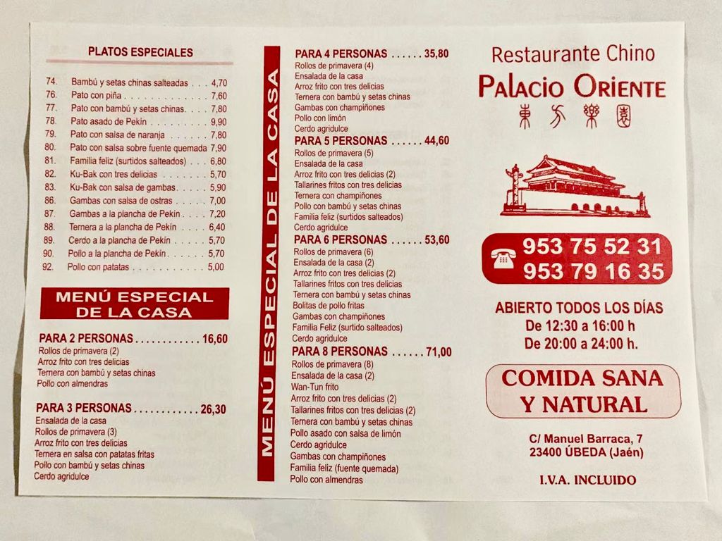 Restaurante Palacio de Oriente — Carta