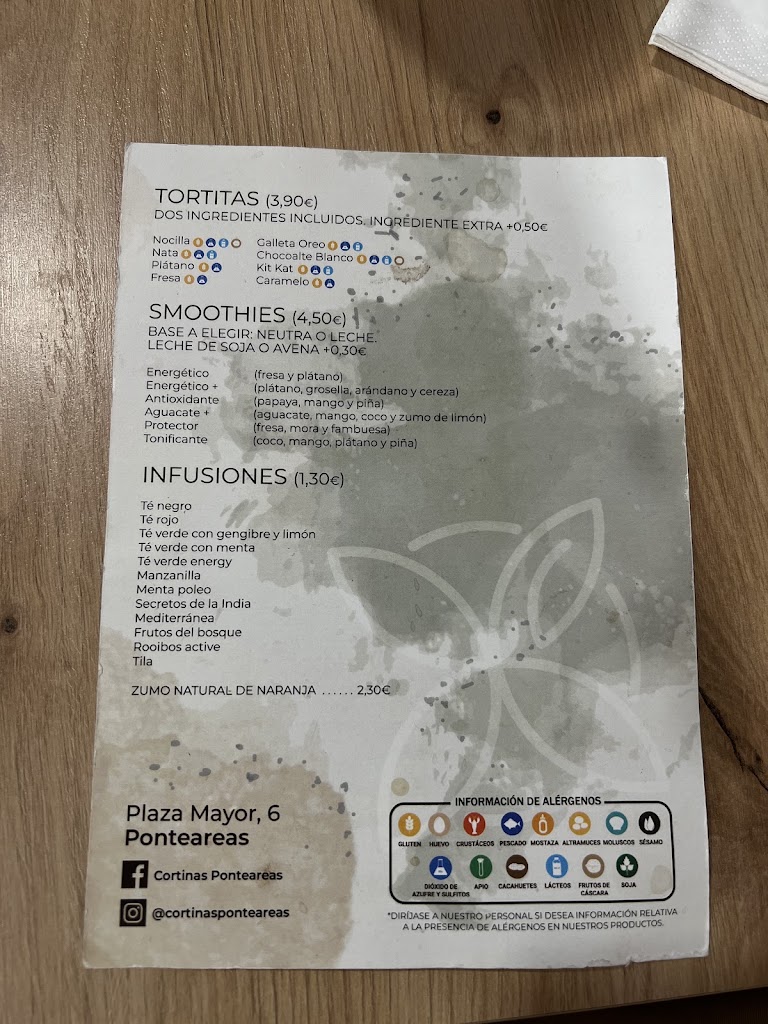 Bar Cortinas/Cortinas Pza. Mayor, 6 - 36860 Pontearea — Carta