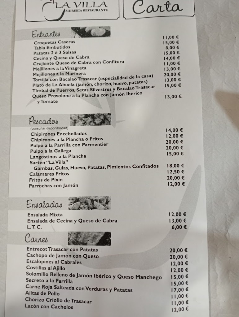 Sidreria La Villa — Carta