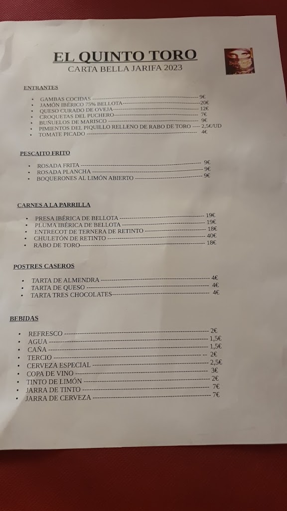 Bar restaurante El quinto toro — Carta