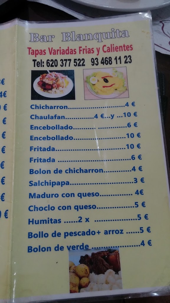 Bar Restaurant Blanquita 2 Fondo — Carta
