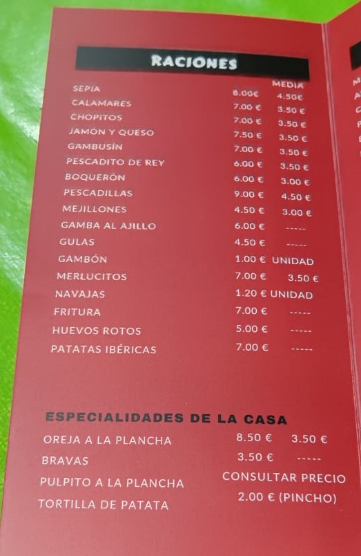 Cerveceria Rafa's 2 — Carta