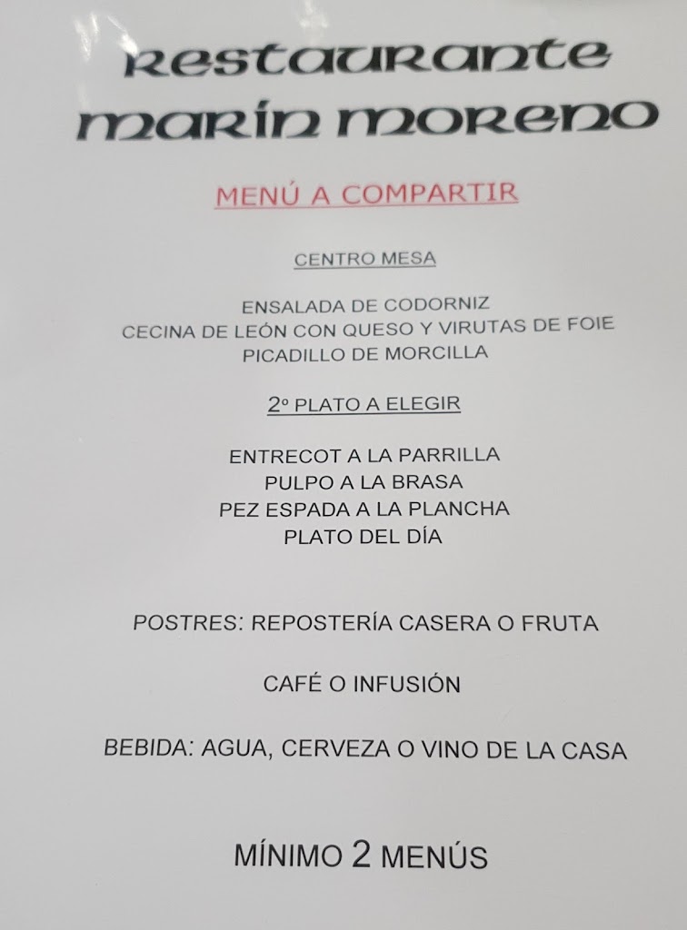 Restaurante Bar Marin Moreno — Carta