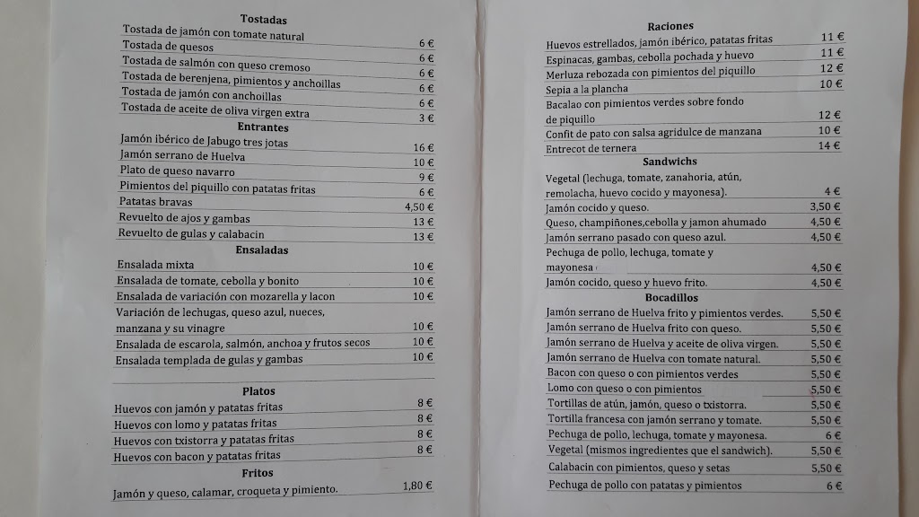 Bar Restaurante Yanguas — Carta