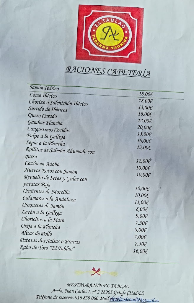 El Tablao Taberna Taurina — Carta